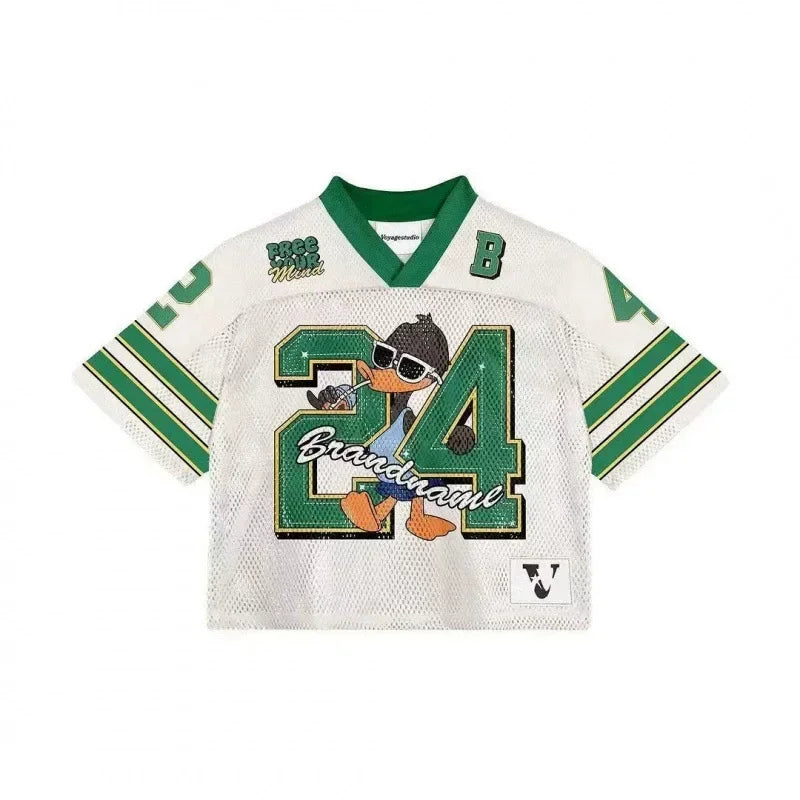 American trendy men T-shirts mesh short-sleeved quick-drying football jerseys retro streetwear men women  V-neck loose tops