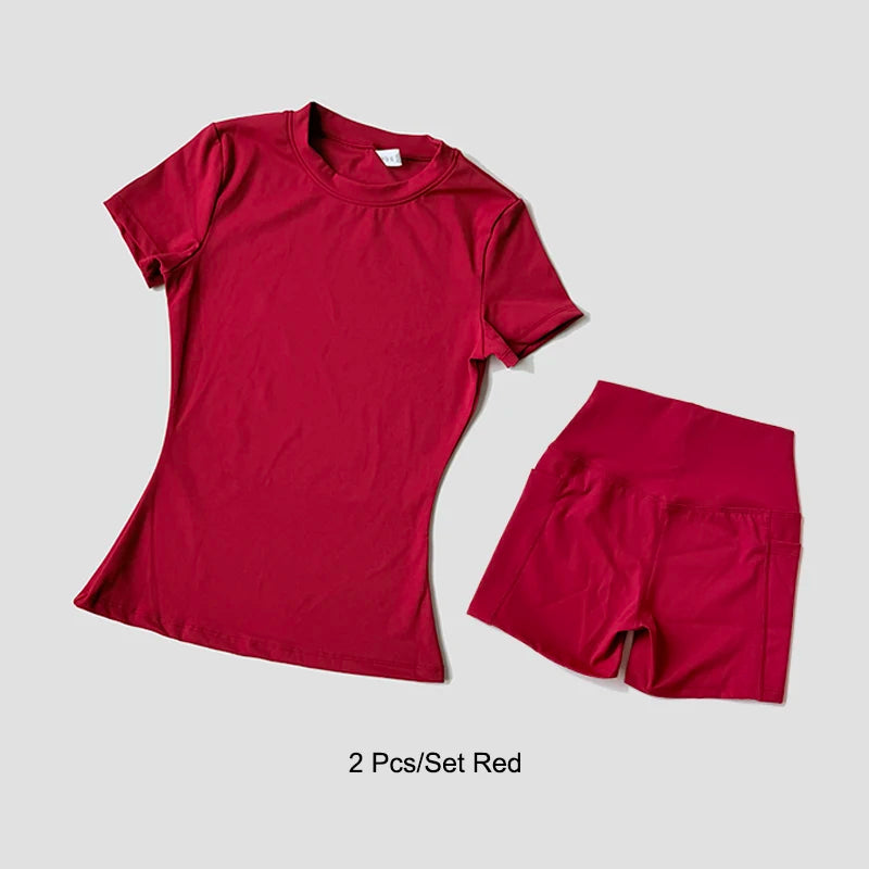 Women's Sports Yoga Set Seamless Knitted Fitness Gym Clothes Sportswear Short Sleeve Crop Top Tracksuits Gym Short Leggings