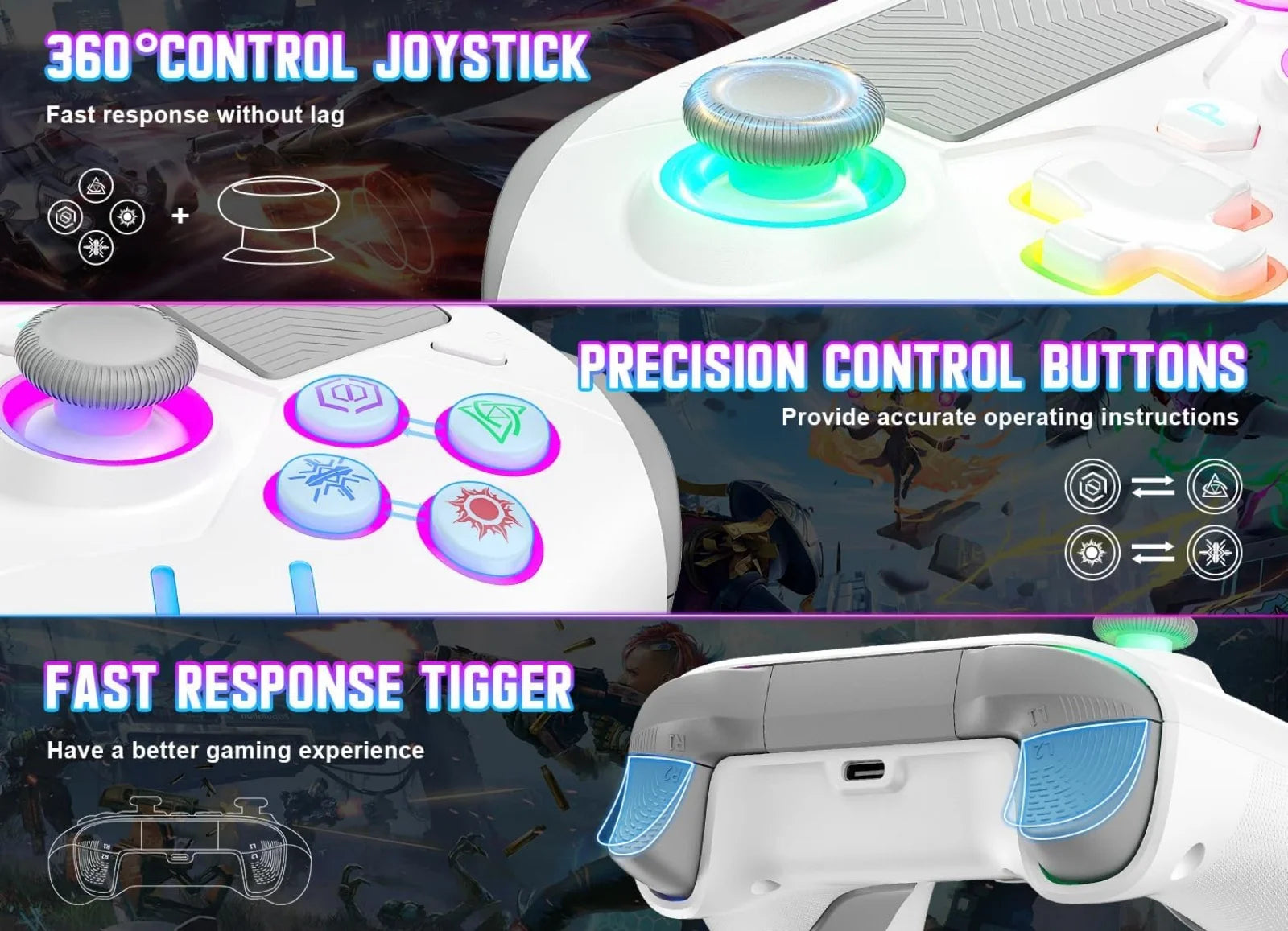 GAMROMBO Game Controller for PlayStation 5/PS5/PS4/PC/iOS/Switch Console W/RGB Turbo Dual Vibration 6-Axis Gyro Wireless Gamepad