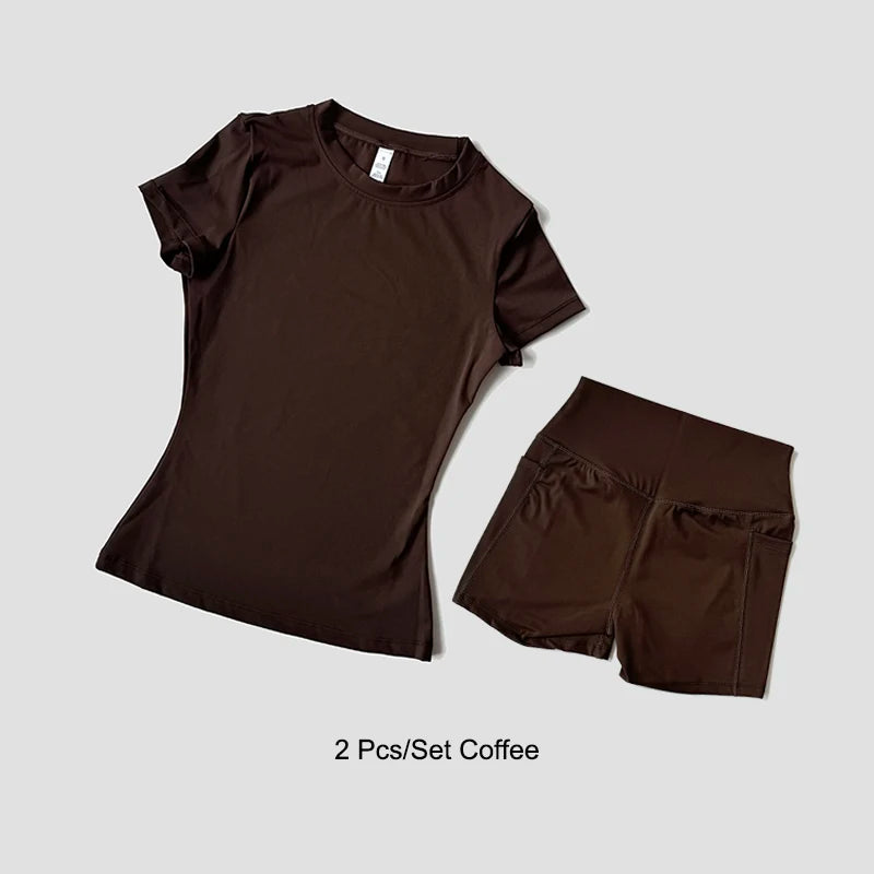 Women's Sports Yoga Set Seamless Knitted Fitness Gym Clothes Sportswear Short Sleeve Crop Top Tracksuits Gym Short Leggings