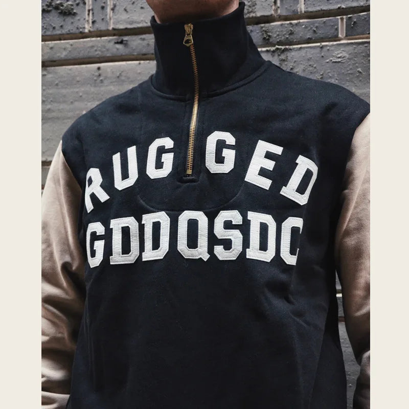 GDDQSDC heavyweight half-zipper sweatshirt American retro plus velvet pullover contrast color embroidery men and women