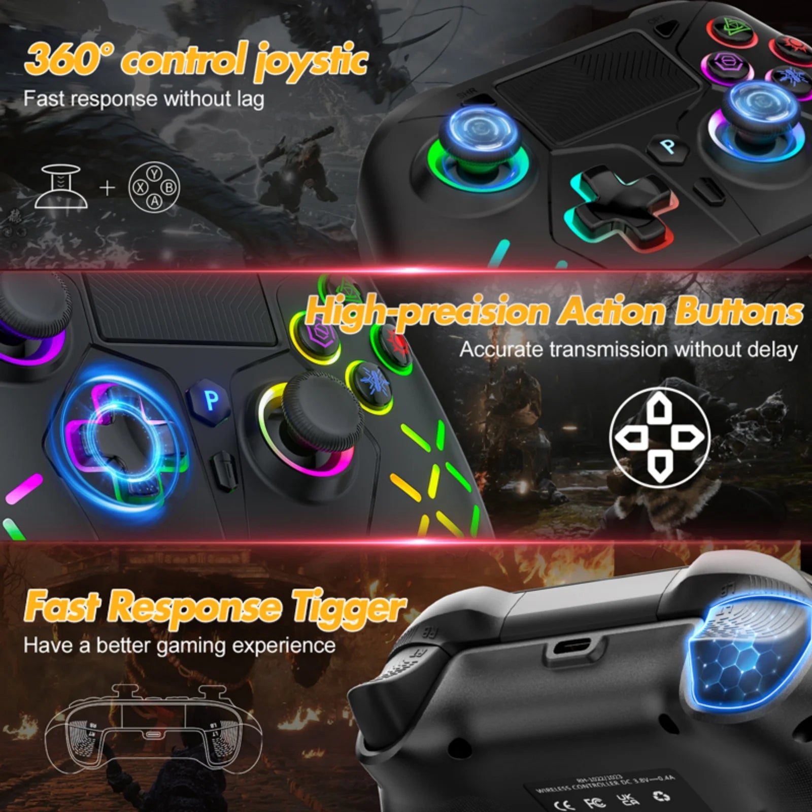 GAMROMBO Game Controller for PlayStation 5/PS5/PS4/PC/iOS/Switch Console W/RGB Turbo Dual Vibration 6-Axis Gyro Wireless Gamepad