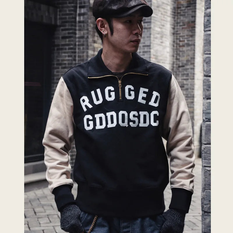 GDDQSDC heavyweight half-zipper sweatshirt American retro plus velvet pullover contrast color embroidery men and women