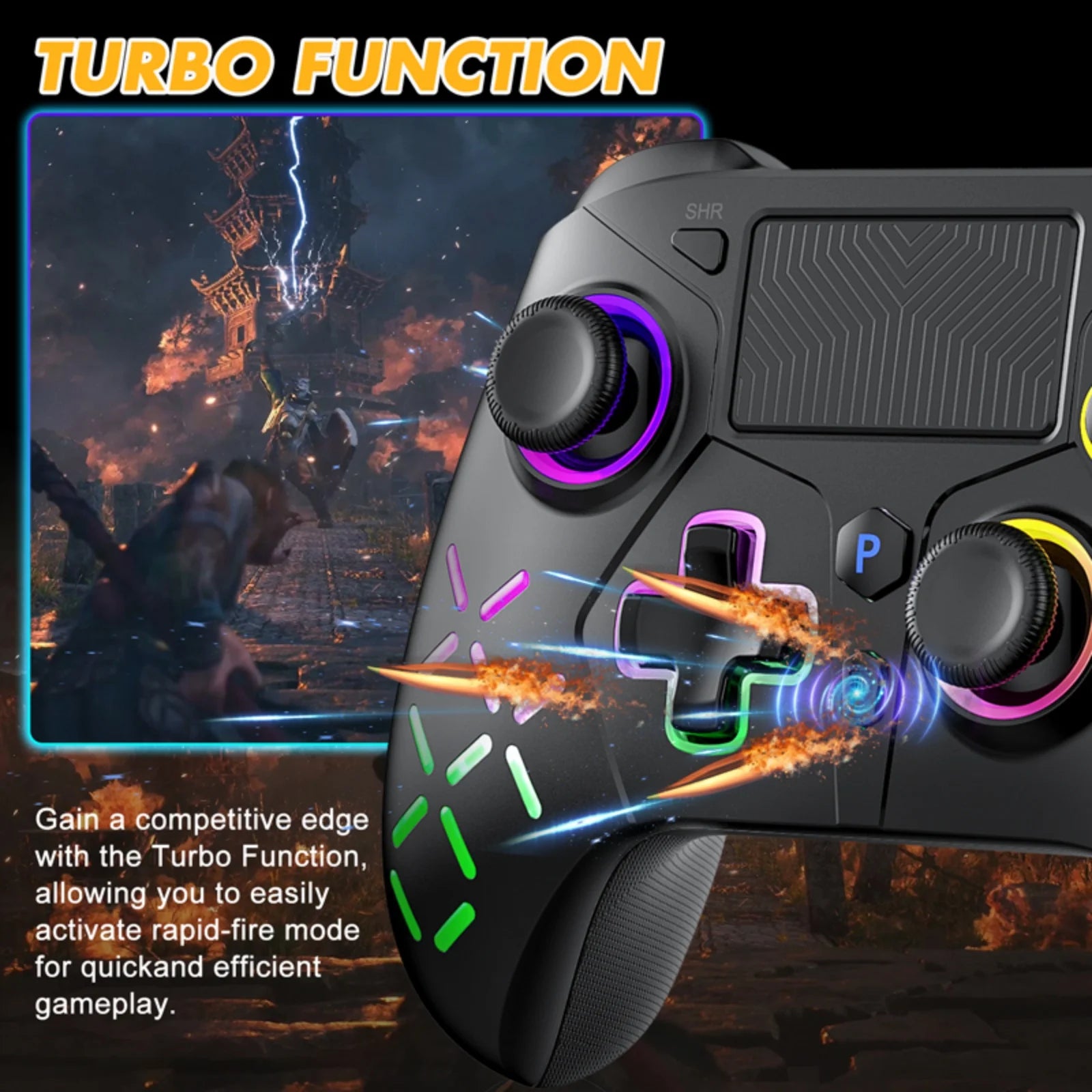 GAMROMBO Game Controller for PlayStation 5/PS5/PS4/PC/iOS/Switch Console W/RGB Turbo Dual Vibration 6-Axis Gyro Wireless Gamepad
