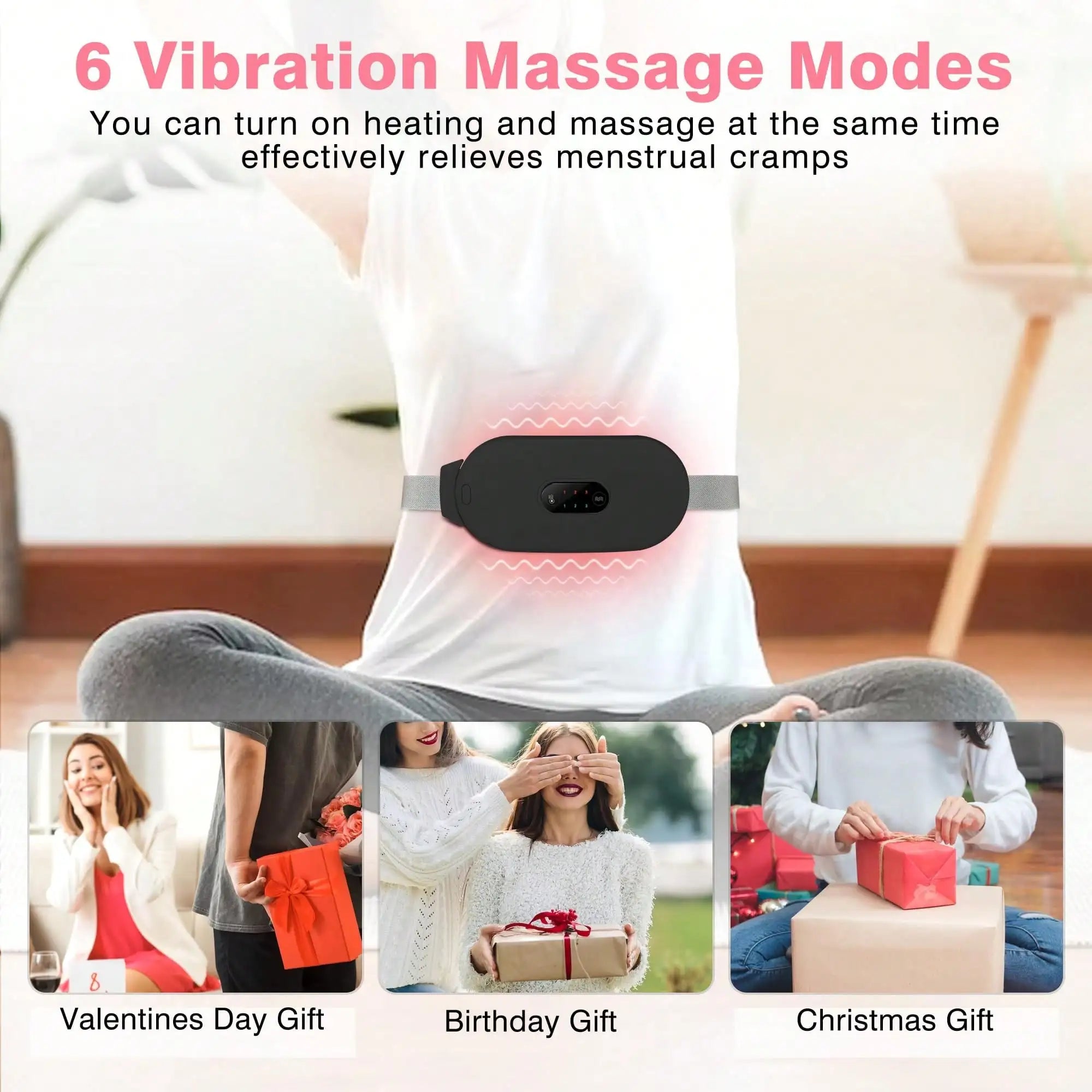 COSYGLOW Pink Cordless Menstrual Heating Pad - 6 Heat Levels, 6 Massage Modes, Portable Cramp Relief Massager