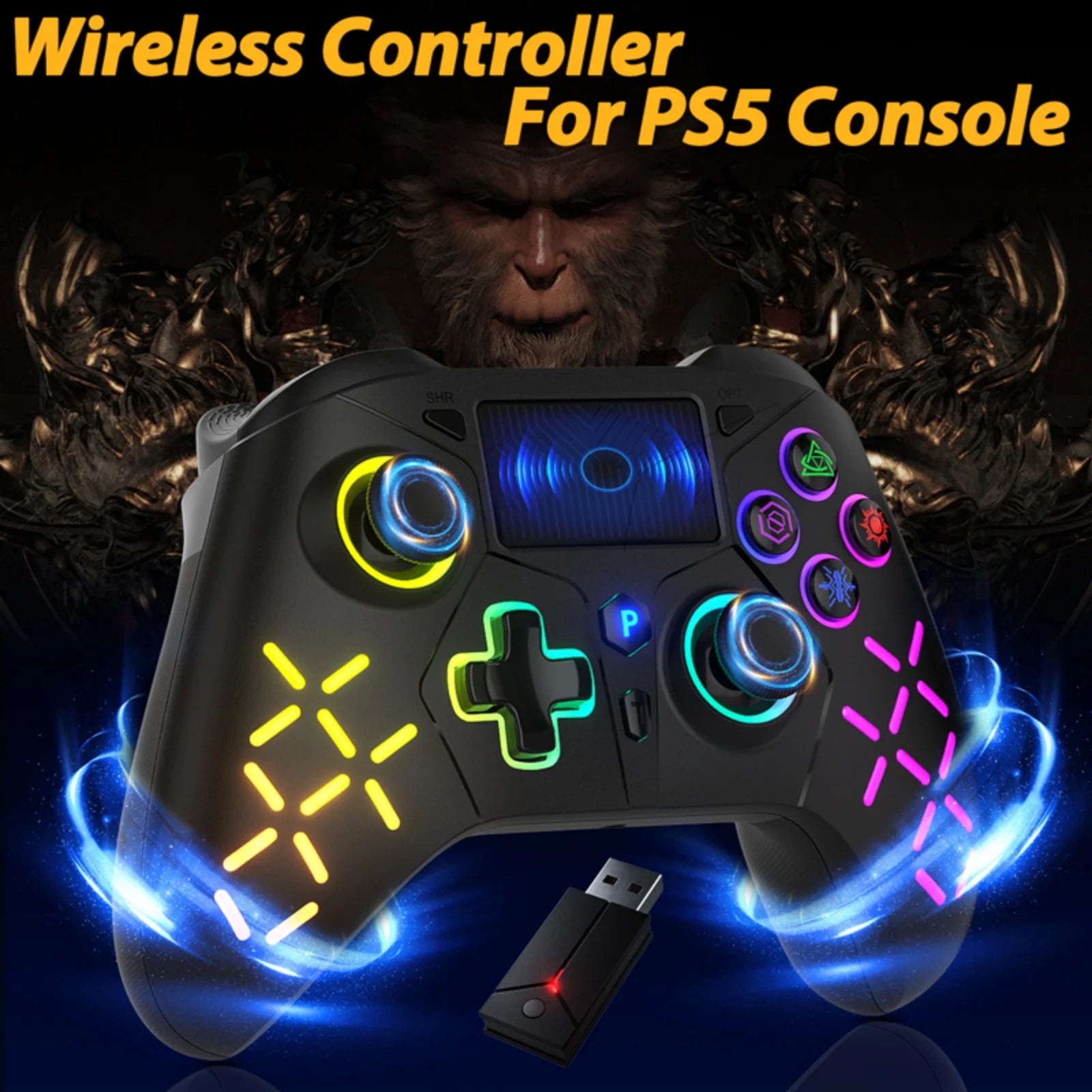 GAMROMBO Game Controller for PlayStation 5/PS5/PS4/PC/iOS/Switch Console W/RGB Turbo Dual Vibration 6-Axis Gyro Wireless Gamepad