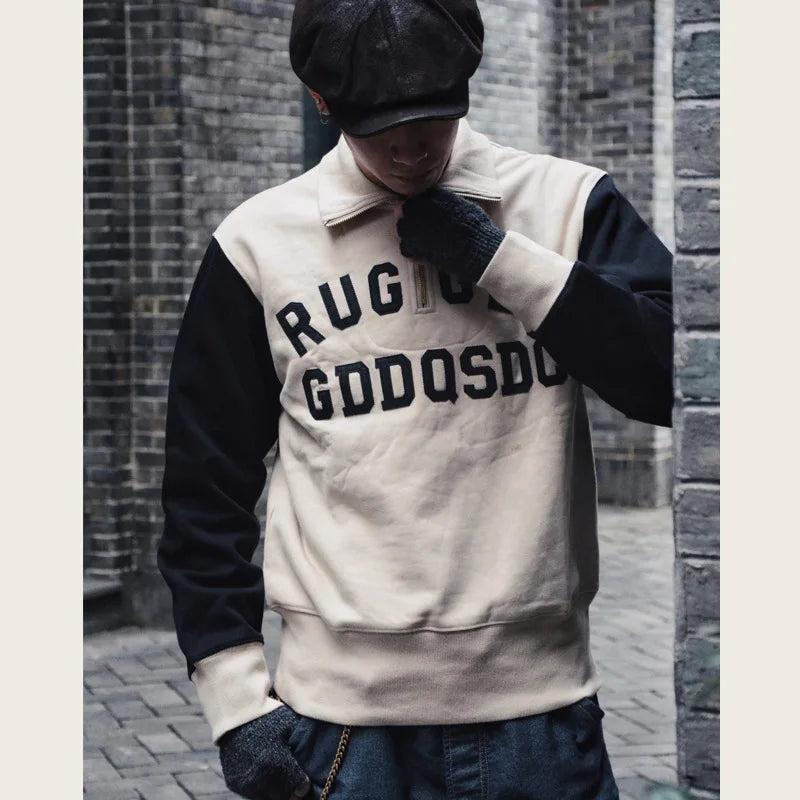 GDDQSDC heavyweight half-zipper sweatshirt American retro plus velvet pullover contrast color embroidery men and women