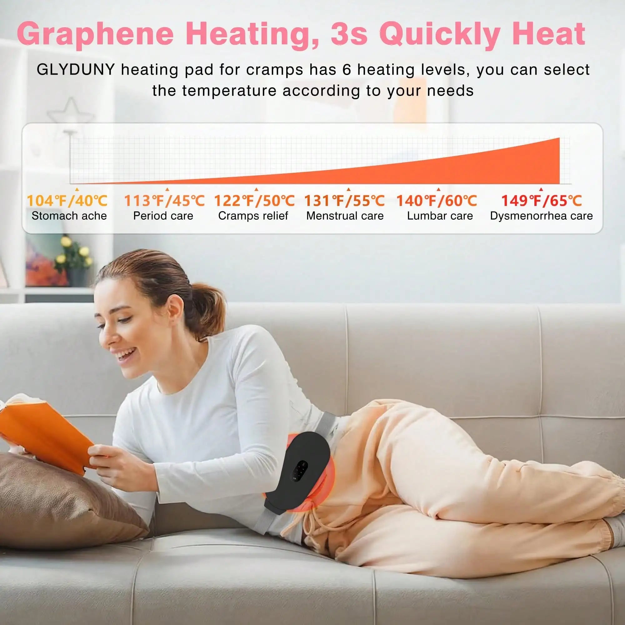 COSYGLOW Pink Cordless Menstrual Heating Pad - 6 Heat Levels, 6 Massage Modes, Portable Cramp Relief Massager