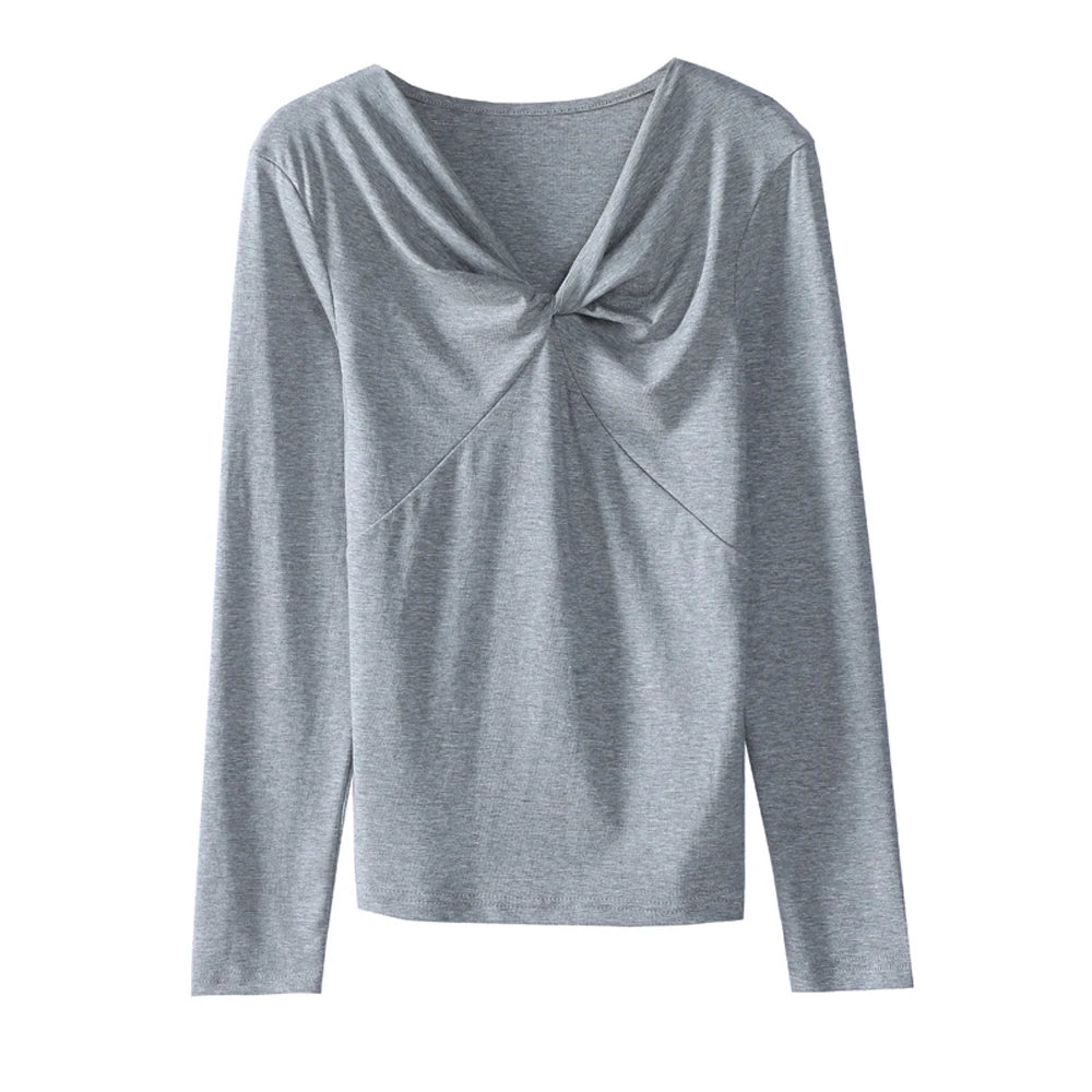 Light gray long sleeved t-shirt for women in spring and autumn, high-end cotton fashion, plus size American retro irregular top