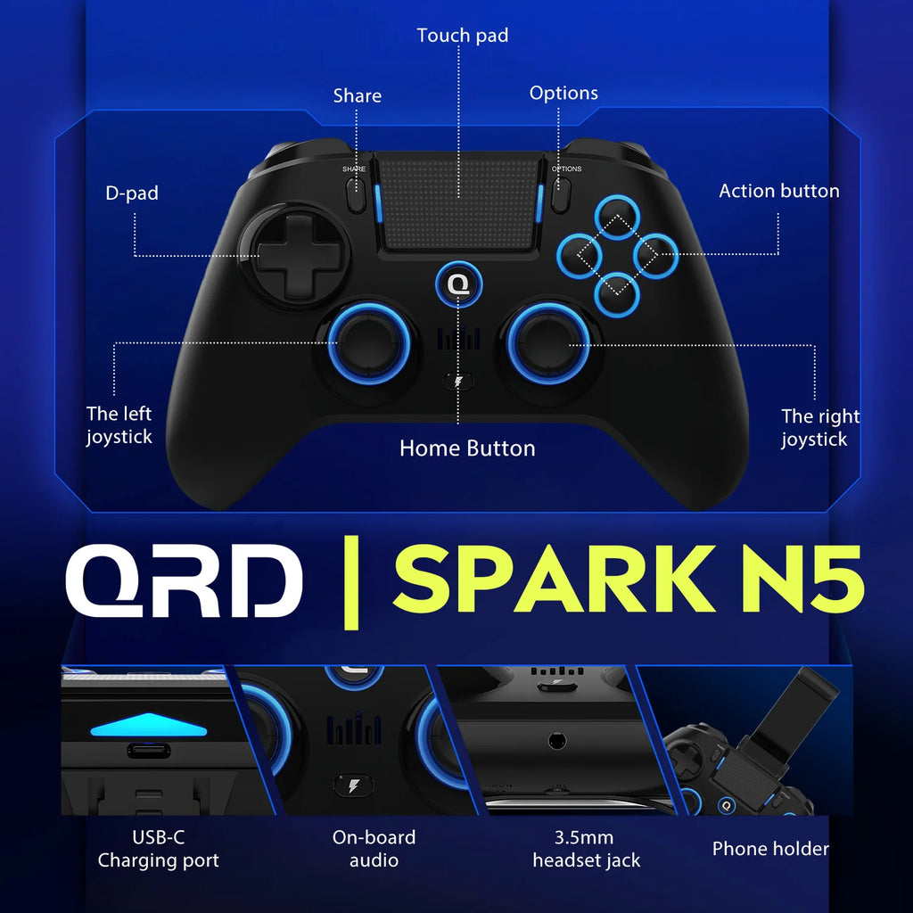 Original QRD Spark N5 Wireless Controller For PS4/PS3/PS2/IOS/Android/PC Hall Joystick Vibration Effect For PS5 Via Converter