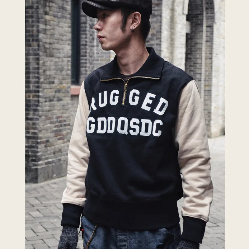 GDDQSDC heavyweight half-zipper sweatshirt American retro plus velvet pullover contrast color embroidery men and women