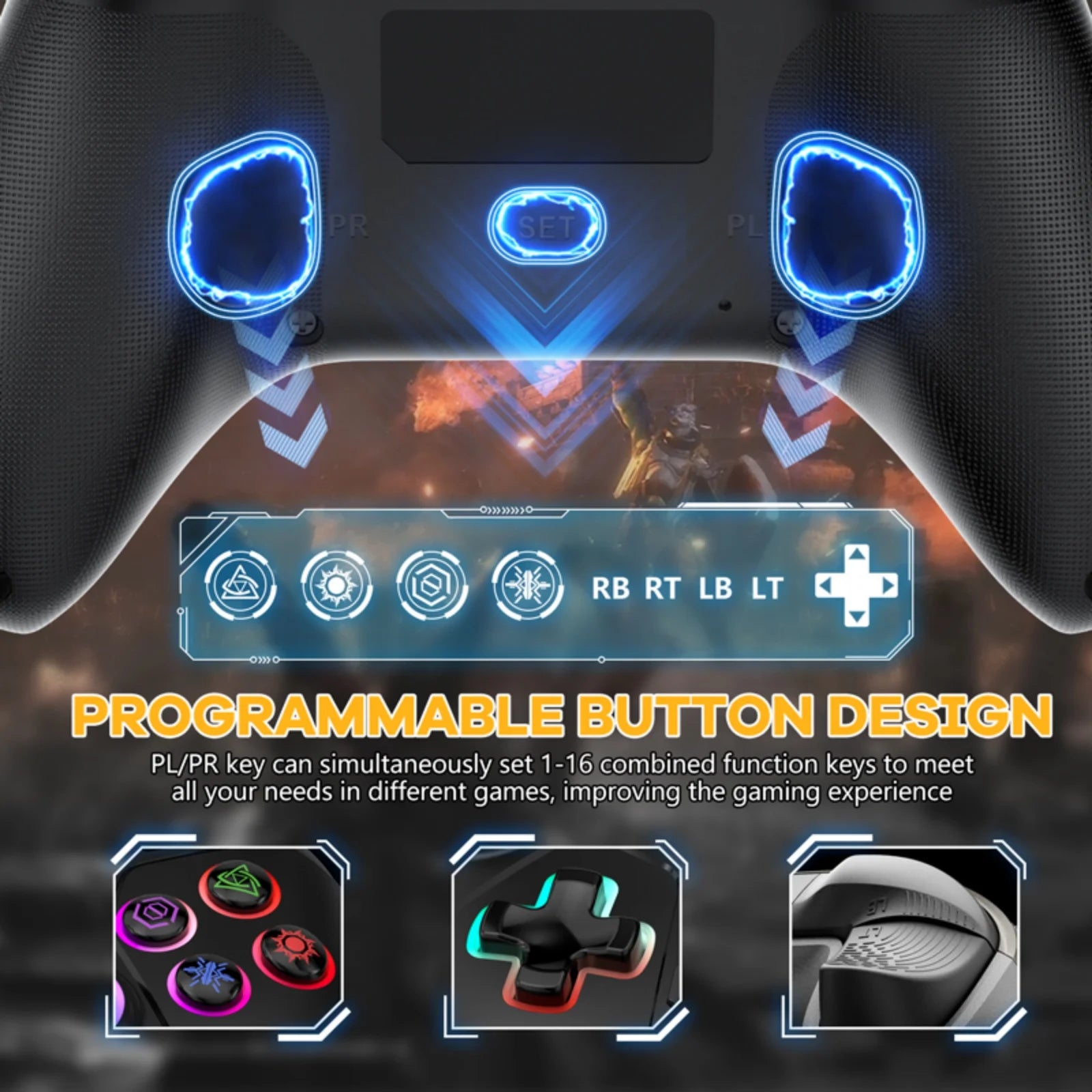 GAMROMBO Game Controller for PlayStation 5/PS5/PS4/PC/iOS/Switch Console W/RGB Turbo Dual Vibration 6-Axis Gyro Wireless Gamepad