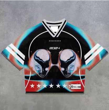 American trendy men T-shirts mesh short-sleeved quick-drying football jerseys retro streetwear men women  V-neck loose tops
