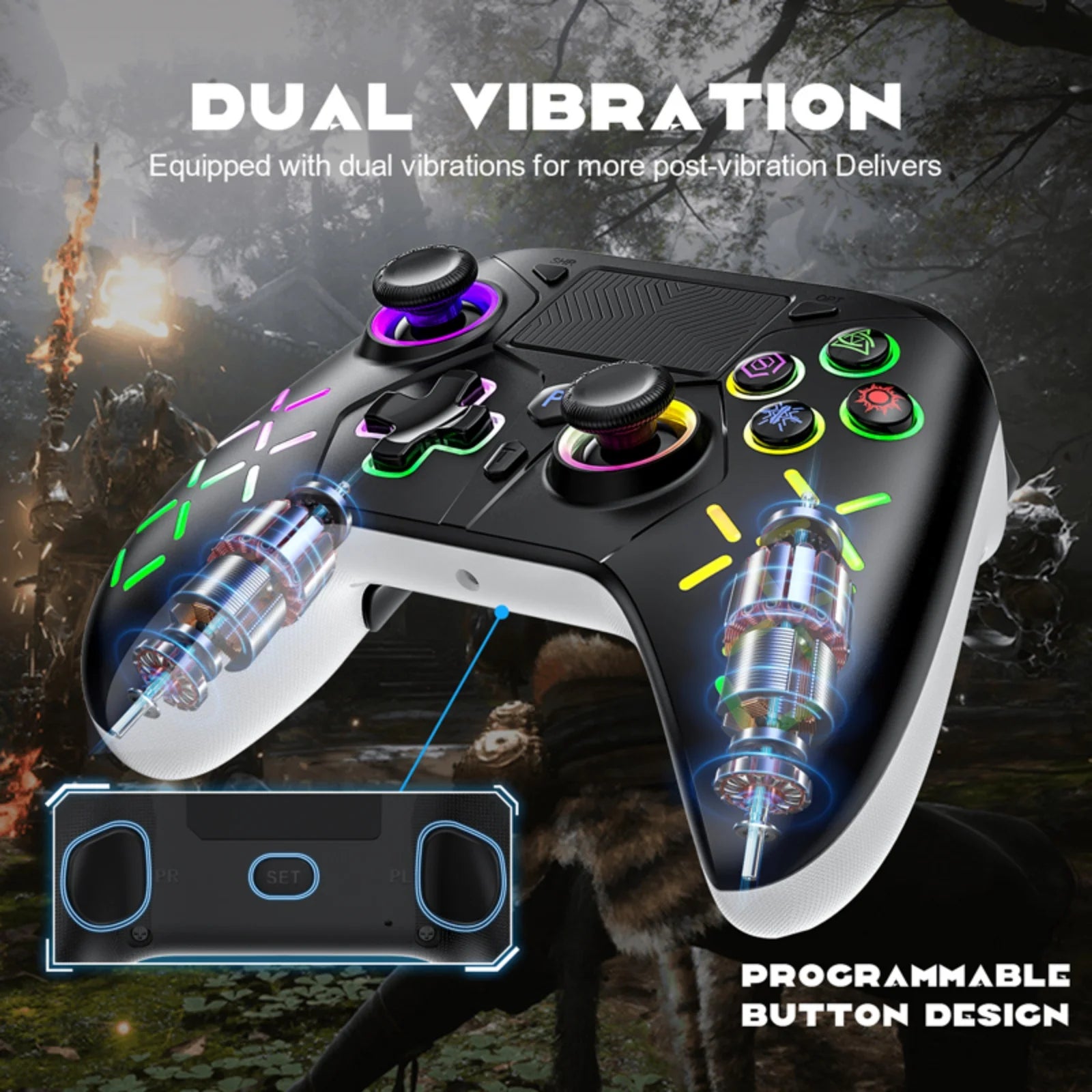 GAMROMBO Game Controller for PlayStation 5/PS5/PS4/PC/iOS/Switch Console W/RGB Turbo Dual Vibration 6-Axis Gyro Wireless Gamepad