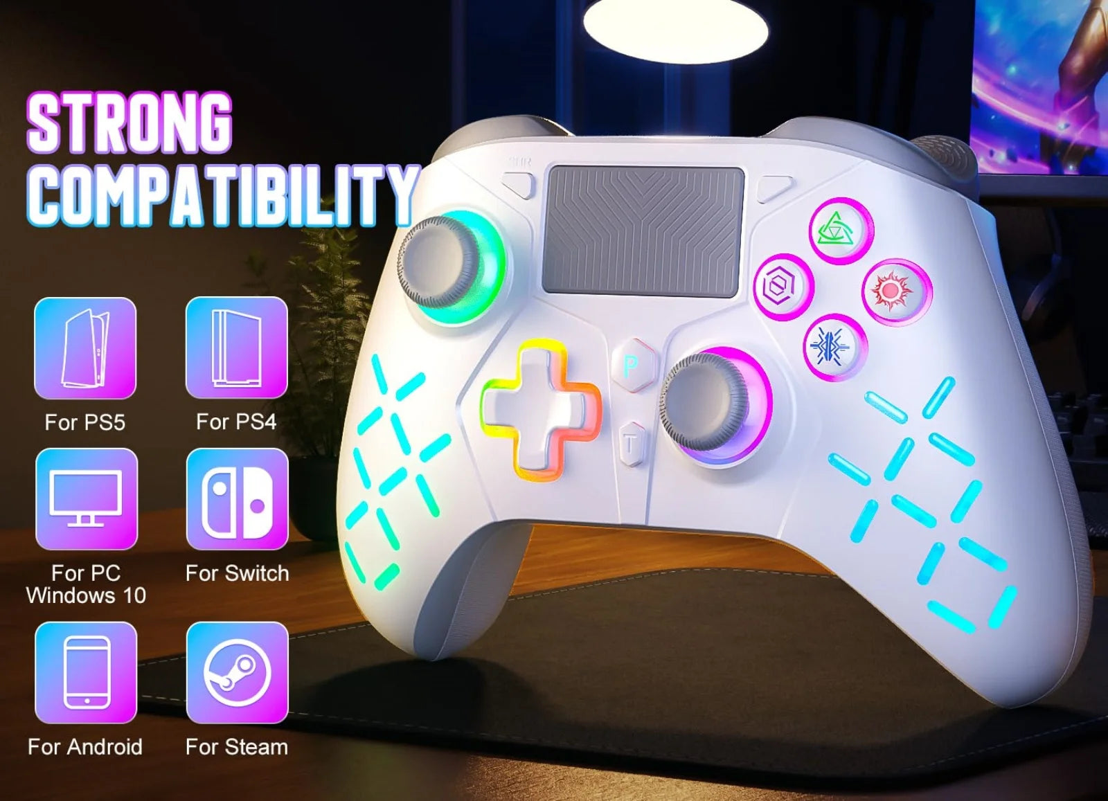 GAMROMBO Game Controller for PlayStation 5/PS5/PS4/PC/iOS/Switch Console W/RGB Turbo Dual Vibration 6-Axis Gyro Wireless Gamepad