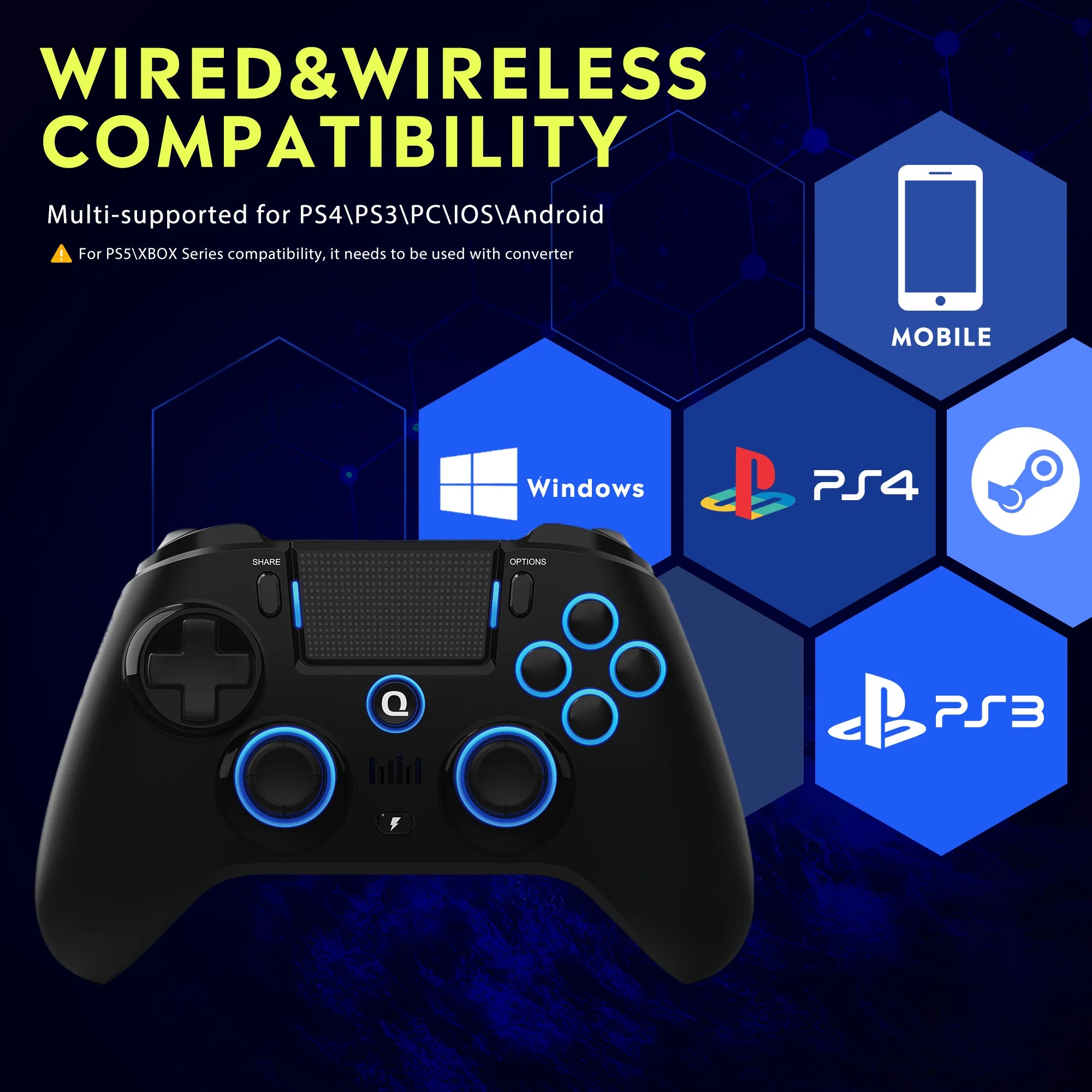 Original QRD Spark N5 Wireless Controller For PS4/PS3/PS2/IOS/Android/PC Hall Joystick Vibration Effect For PS5 Via Converter