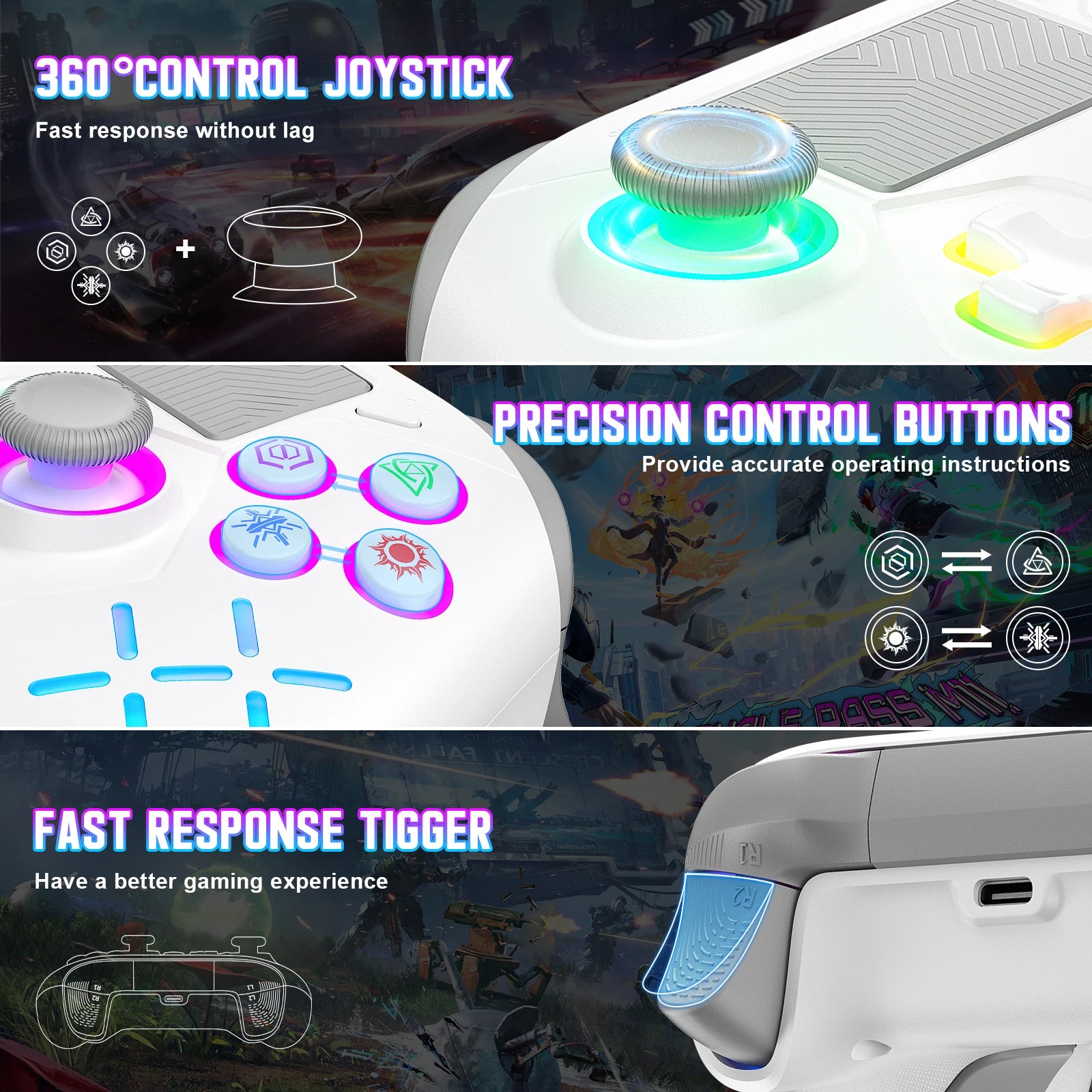 GAMROMBO Game Controller for PlayStation 5/PS5/PS4/PC/iOS/Switch Console W/RGB Turbo Dual Vibration 6-Axis Gyro Wireless Gamepad